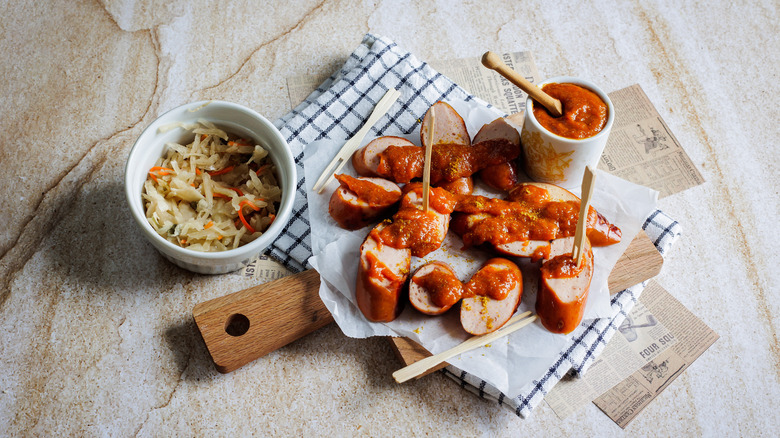 side view of currywurst with ketchup and sauerkraut