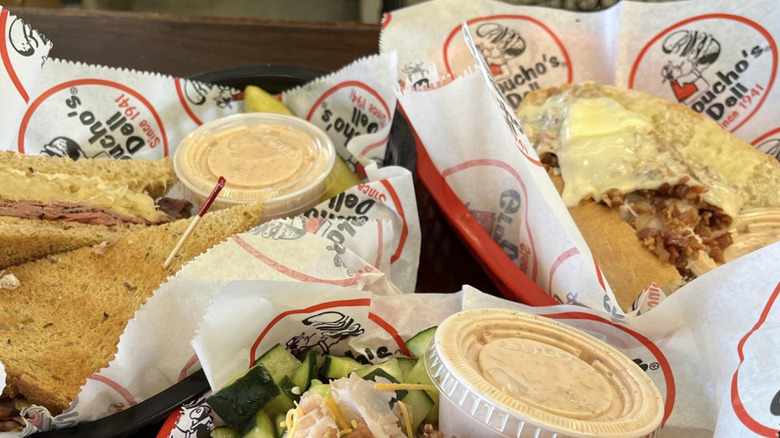 Closeup of Groucho's sandwiches in their branded paper
