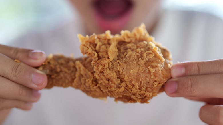 Hands hold up a fried chicken leg.