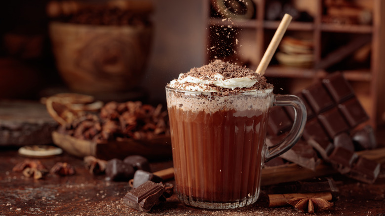 Hot chocolate topped with whipped cream.