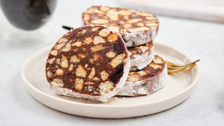 Portuguese chocolate salami made with cookies and port wine
