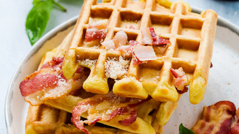 Waffles with bacon bits on top