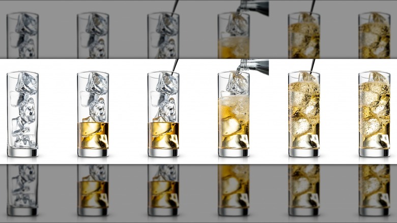 Stages of making a whiskey and club soda highball