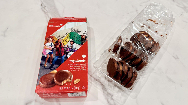 Open package of Tagalongs cookies on a counter