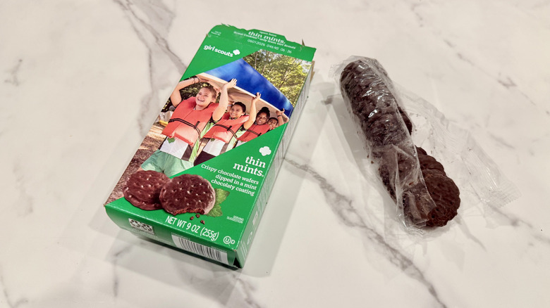 Open package of Thin Mints cookies on a counter
