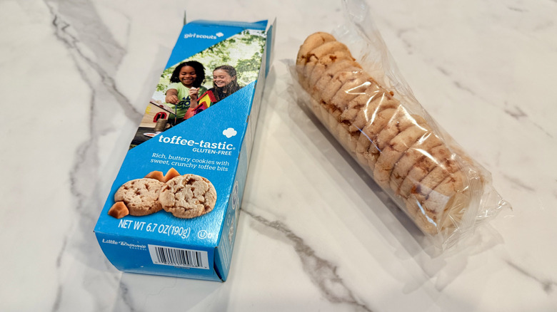 Open package of Toffee-tastic cookies on a counter