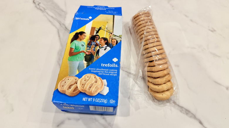 Open package of Trefoils cookies on a counter