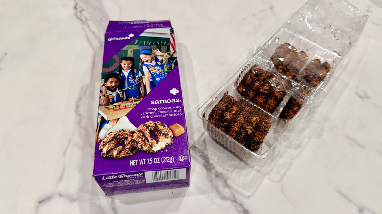 Open package of Samoas cookies on a counter