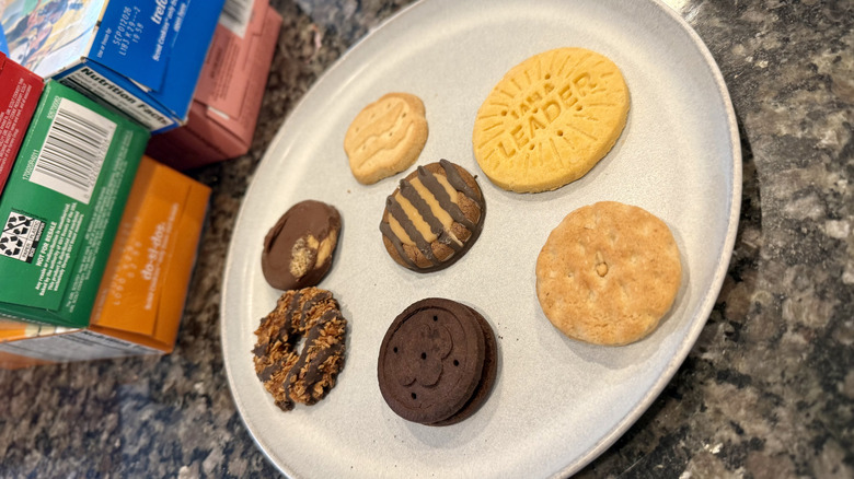 White plate of Girl Scout Cookies on a countertop