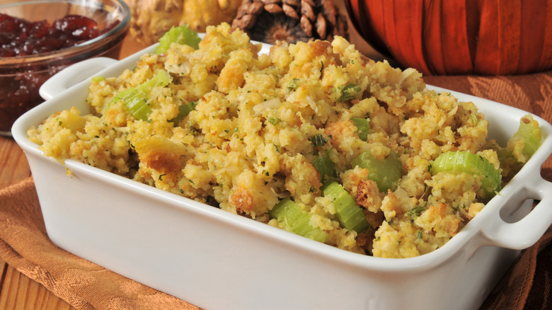 cornbread stuffing on a table