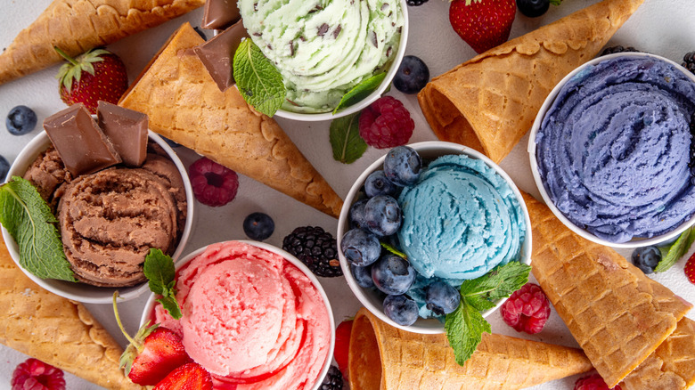 Colorful ice creams and waffle cones