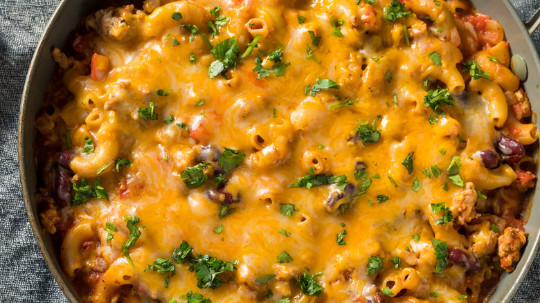 Taco mac and cheese in a pan