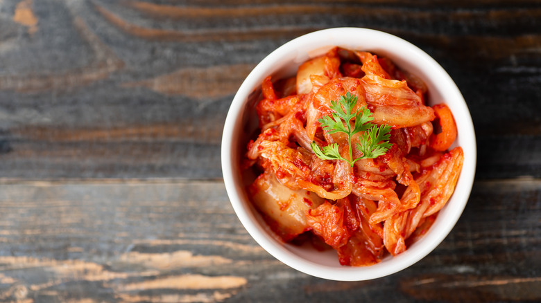 A bowl of kimchi.