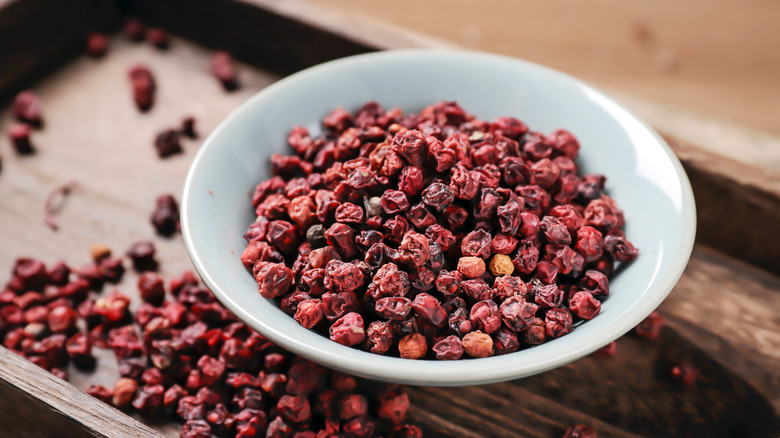 A bowl of Sichuan peppercorns.