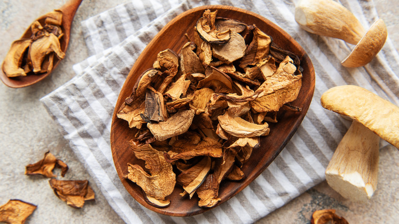 A bowl of dried porcini mushrooms.