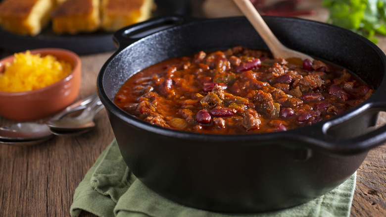 Chili with beef and beans in a cast iron pot