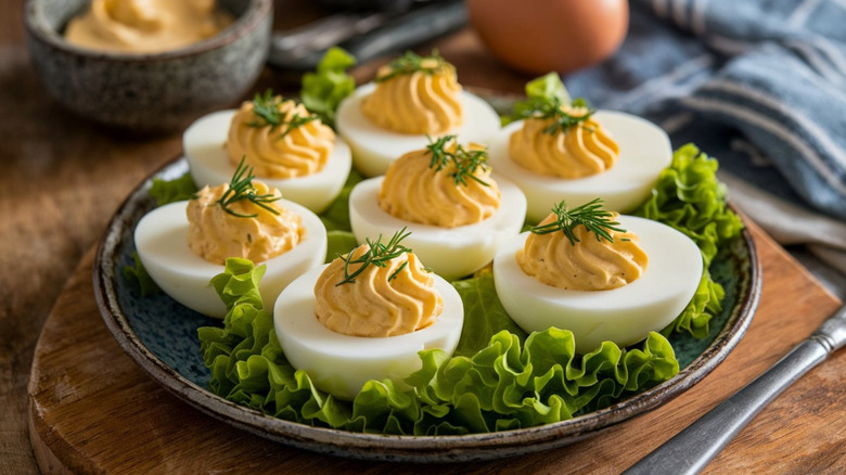 Deviled eggs on tray with dill garnish