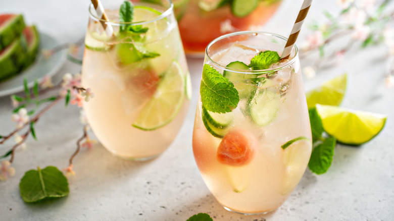 Watermelon sangria with lime, mint, cucumber