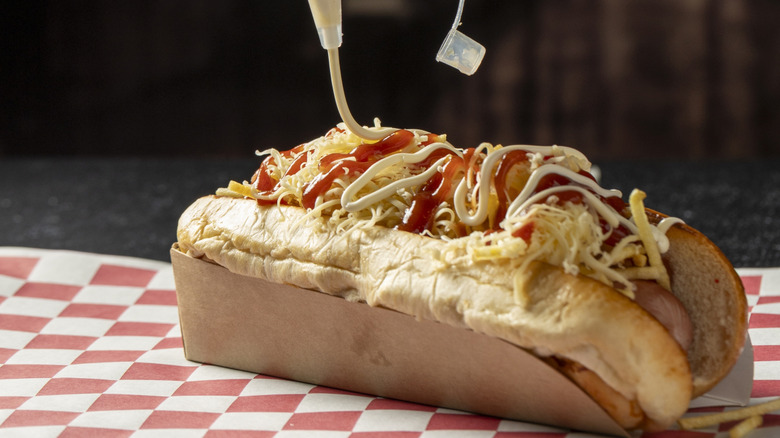 Loaded hot dog with a creamy sauce