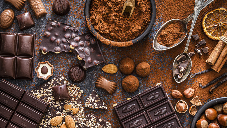 Assortment of chocolate bars and cocoa powder shot from above