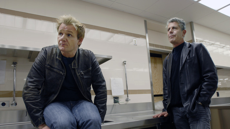 Gordon Ramsay and Anthony Bourdain in a kitchen.