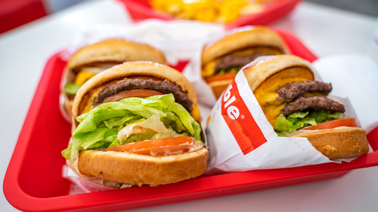 In-N-Out tray of burgers, including a Double Double