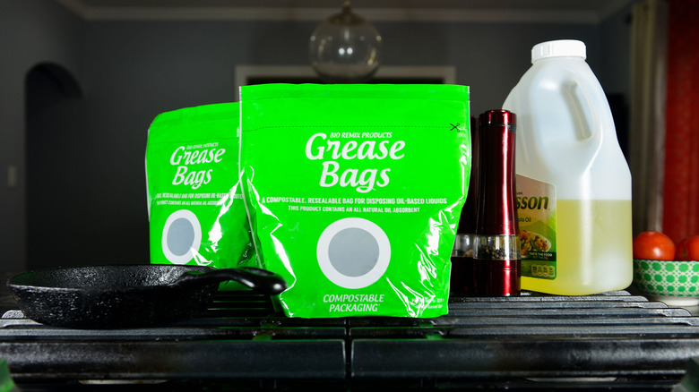 Grease Bags on a stove next to cooking oil