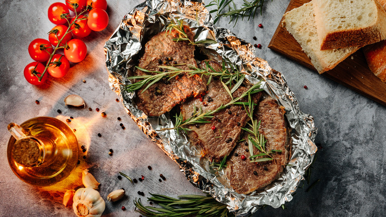 meat prepared in foil packet