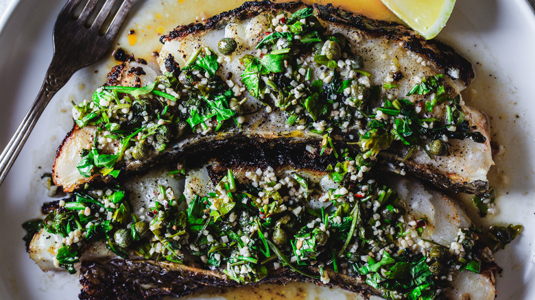 sea bass with parsley caper sauce