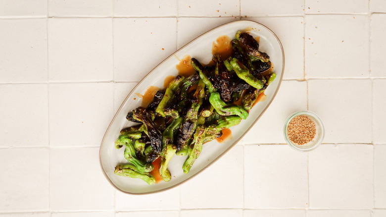 Plate of peppers with teriyaki sauce