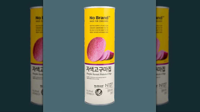 A can of No Brand Purple Sweet Potato Chips.