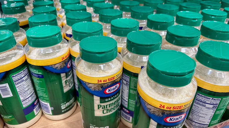 Pallet of Kraft Parmesan cheese containers with flip-top lids