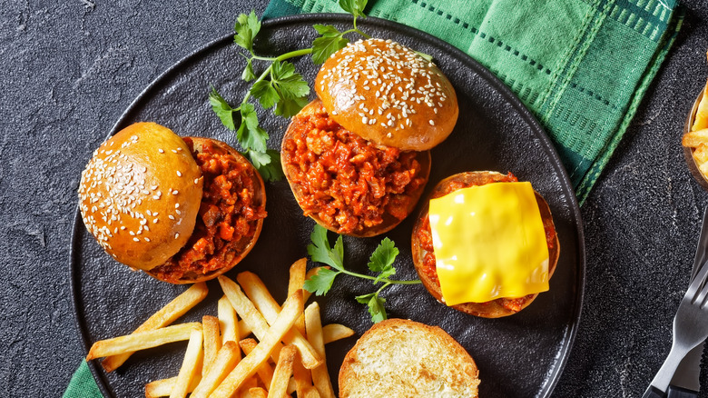 Plate of Sloppy Joe sliders with french fries