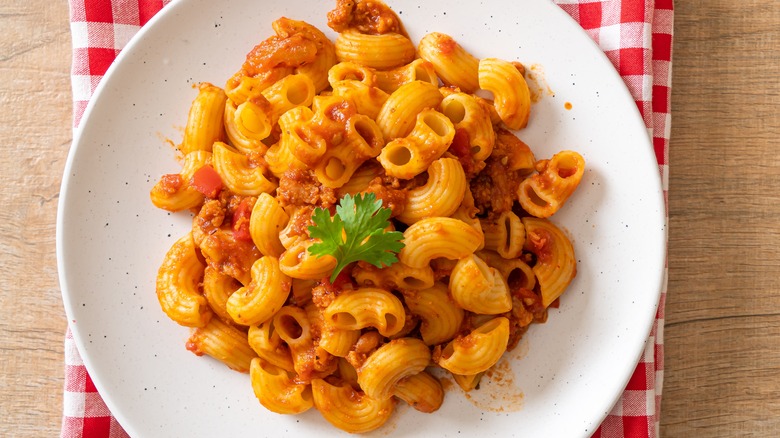 Bowl of macaroni noodles in meat sauce