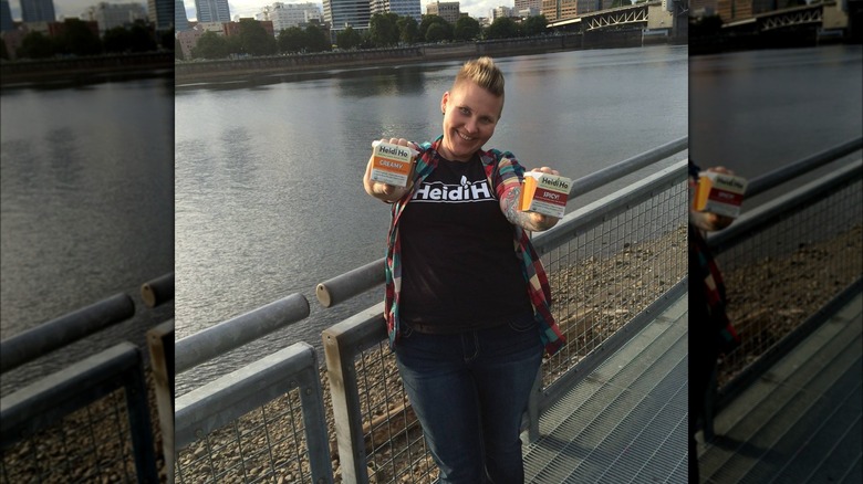 Heidi Lovig holding Heidi Ho's cheezes