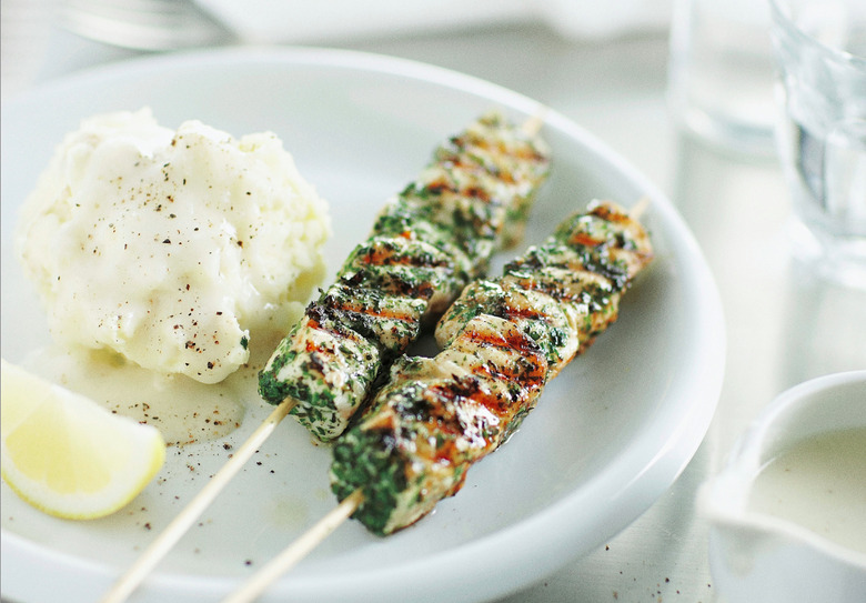 Herbed Fish Skewers With Smashed Potatoes And Skordalia Recipe