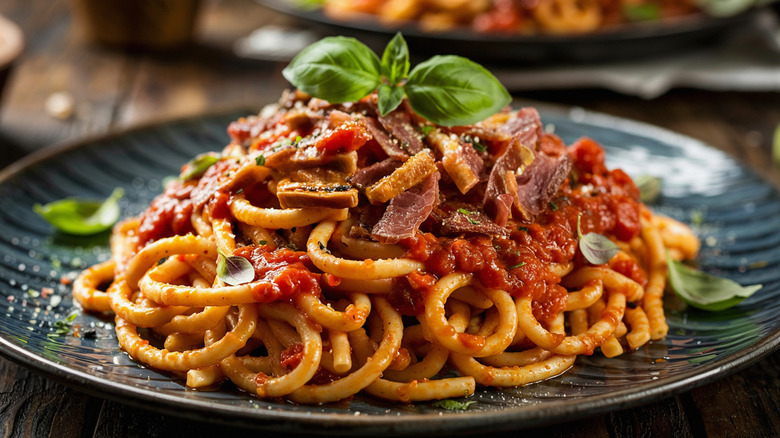 A bowl of bucatini all'Amatriciana.