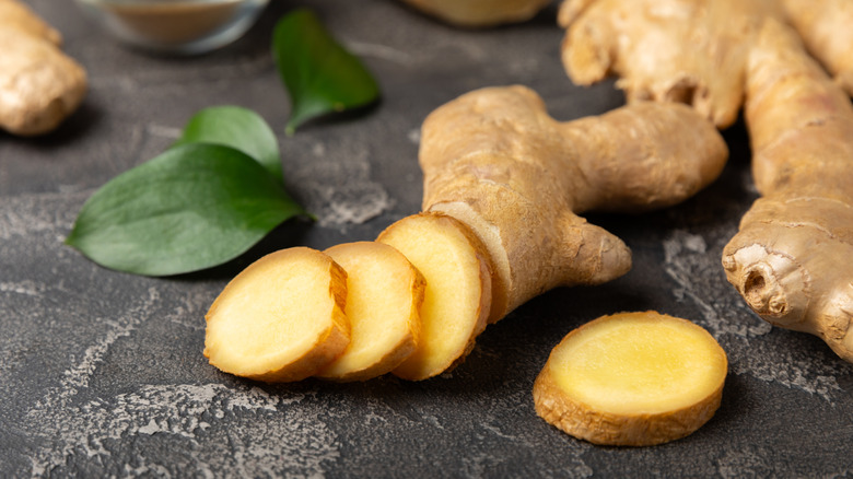 Fresh ginger sliced into discs