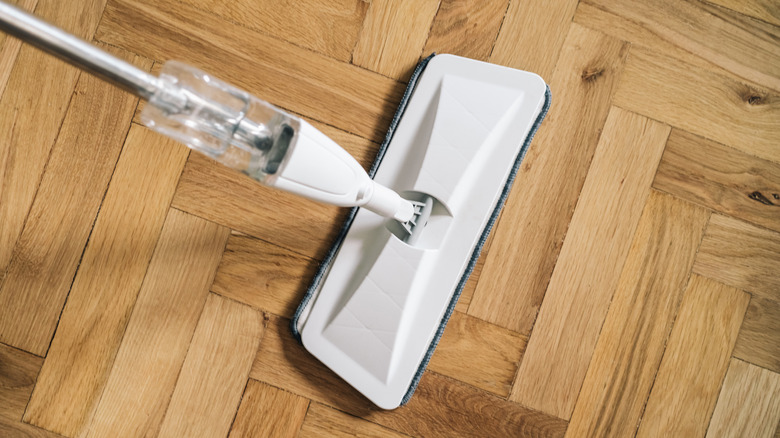 A close-up of a flat mop