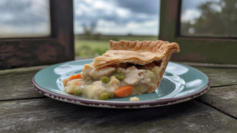 A piece of chicken pot pie sits on a blue plate on a wooden surface