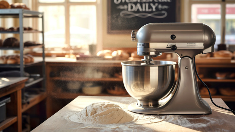 A red KitchenAid mixer kneads dough.