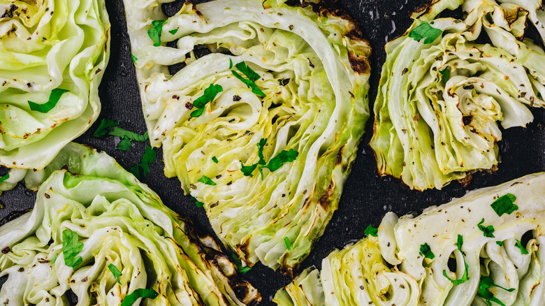 Closeup of wedges of cooked cabbage