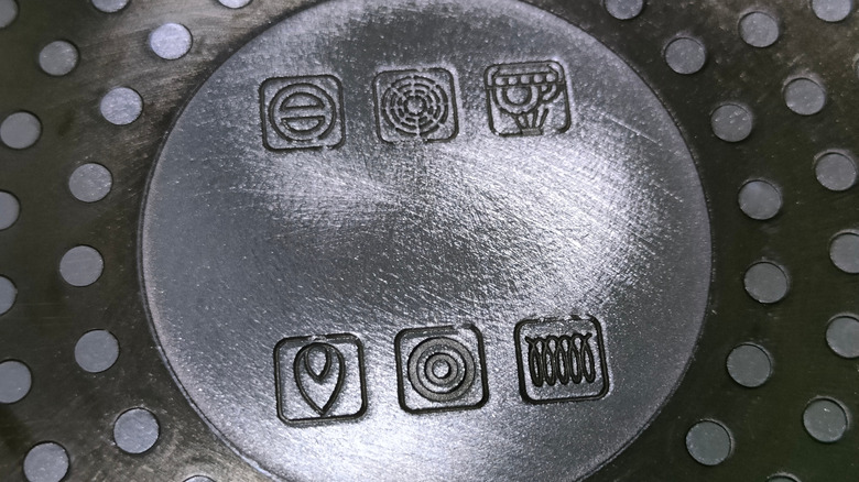 Various symbols are shown on the bottom of a cookware item