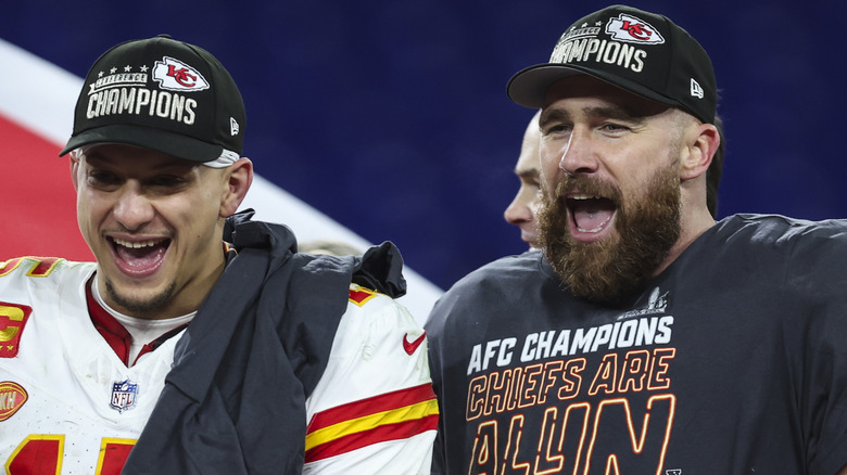 Patrick Mahomes and Travis Kelce celebrating the Super Bowl win