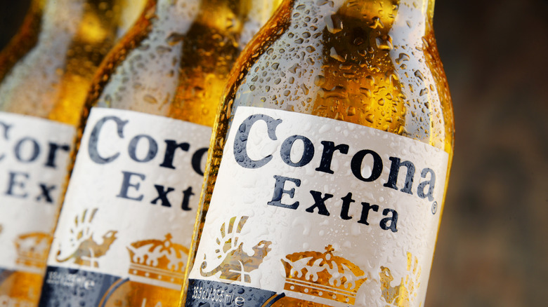 Close up of Corona beer bottles.
