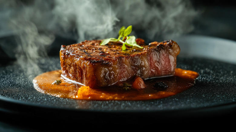 Steak sits on a stylish black plate, releasing aromatic smoke