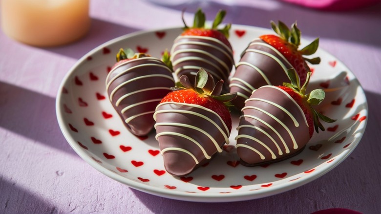 Heart-printed plate holding chocolate covered strawberries