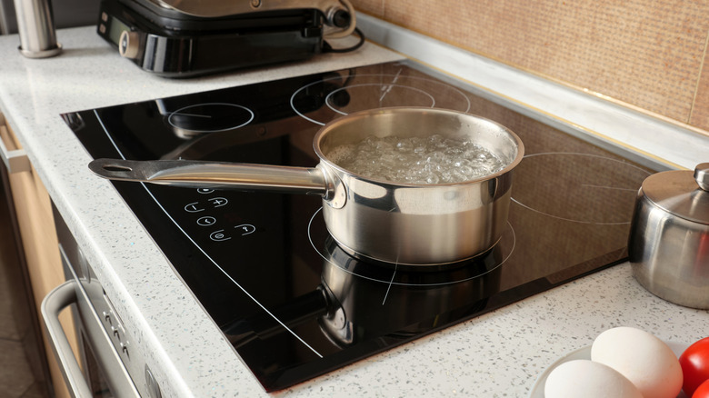 Water boils in a pan on an induction cooktop
