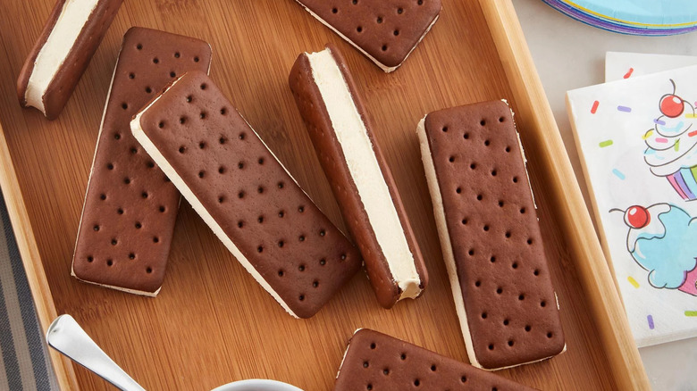 Walmart's Great Value ice cream sandwiches on a counter.
