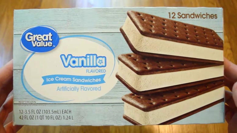 A box of Great Value ice cream sandwiches from Walmart.